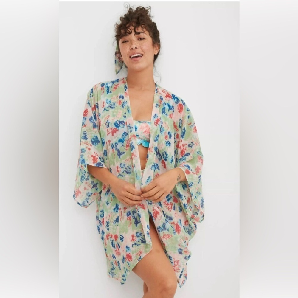 Aerie Womens Cotten Blend Kimono Robe One‎ Size Pastel Abstract Tie Dye Bohemian